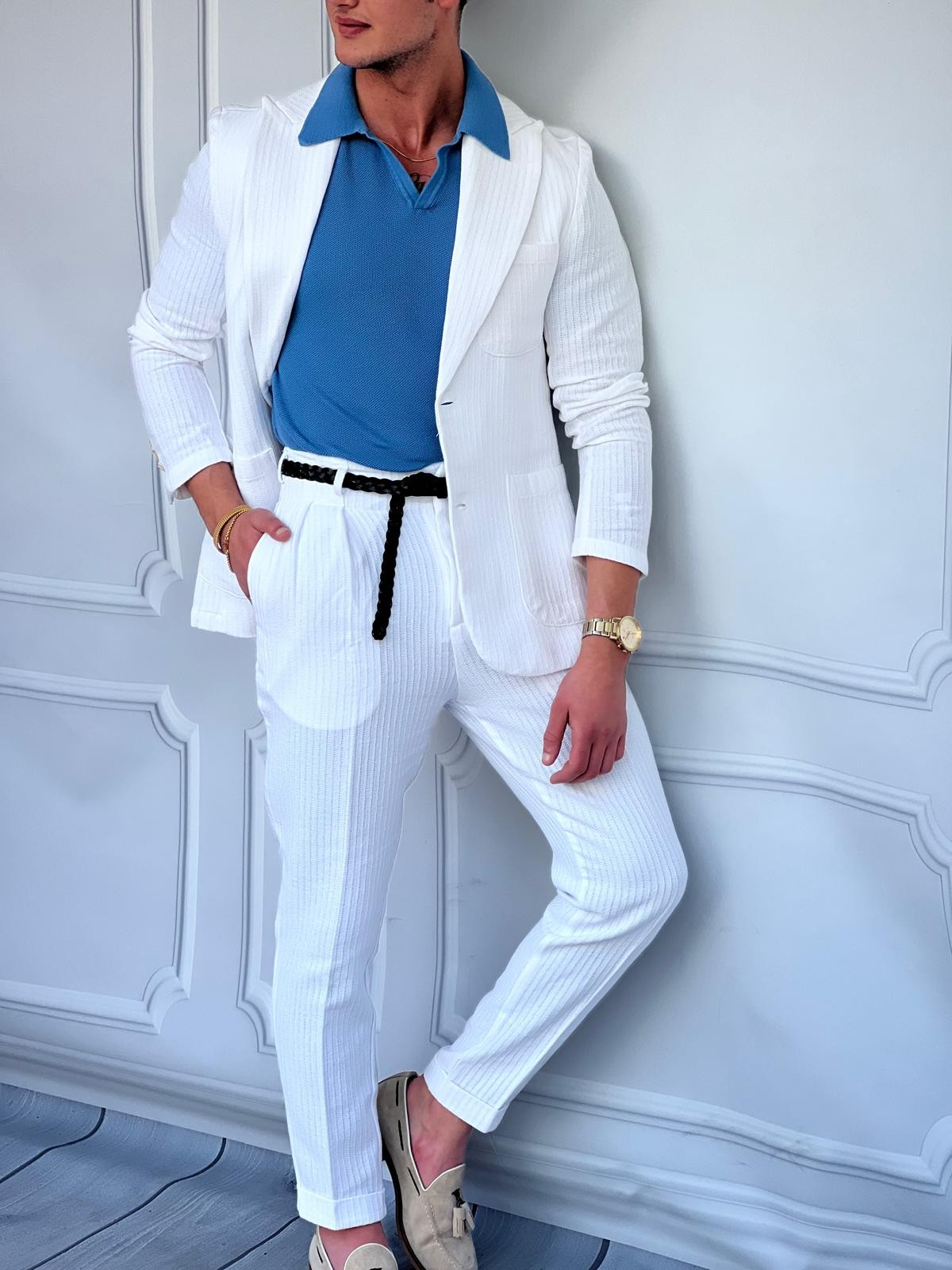 %100 Pamuk Keten Modern Fit Örgü Kemer Detaylı Keten Takım Elbise  - Beyaz