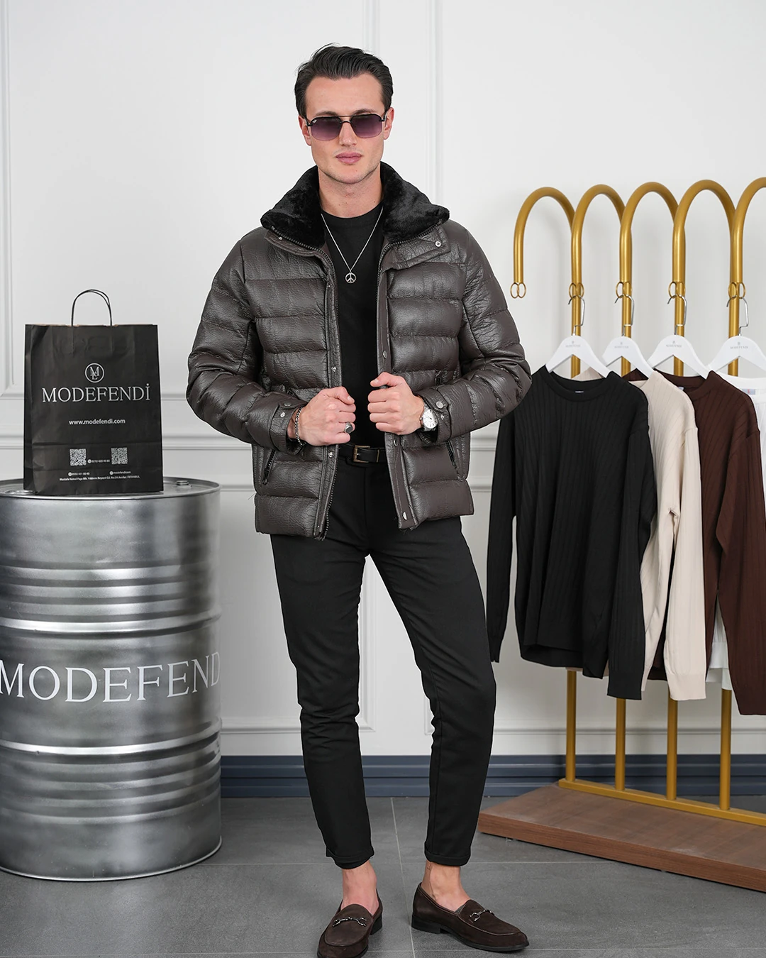 Orta Slim Fit Yaka Kürk Detaylı Yumuşak Dokulu Yatay Desen Deri Mont