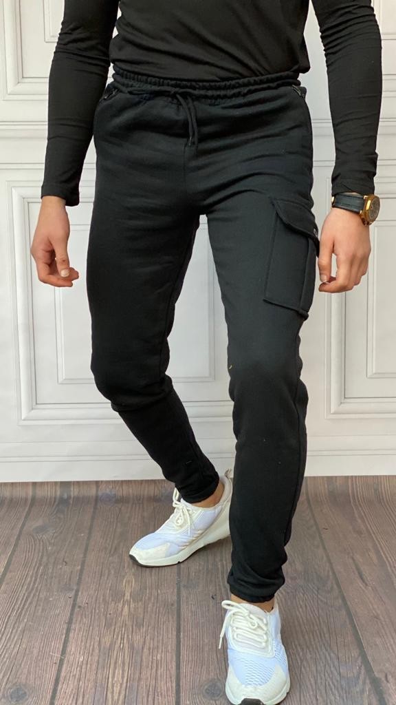 Slim Fit İtalyan Kesim Pamuk Kargo Cep Eşofman - Siyah