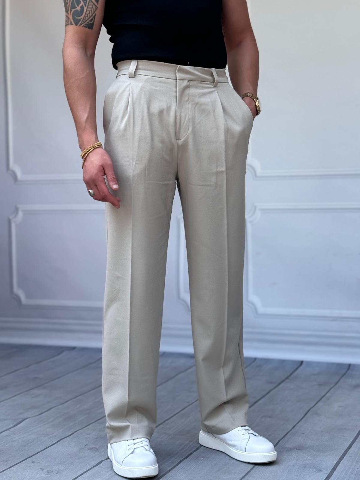 Gizli Düğme Detaylı Yüksek Kalite Baggy Pileli Kumaş Pantolon - Krem