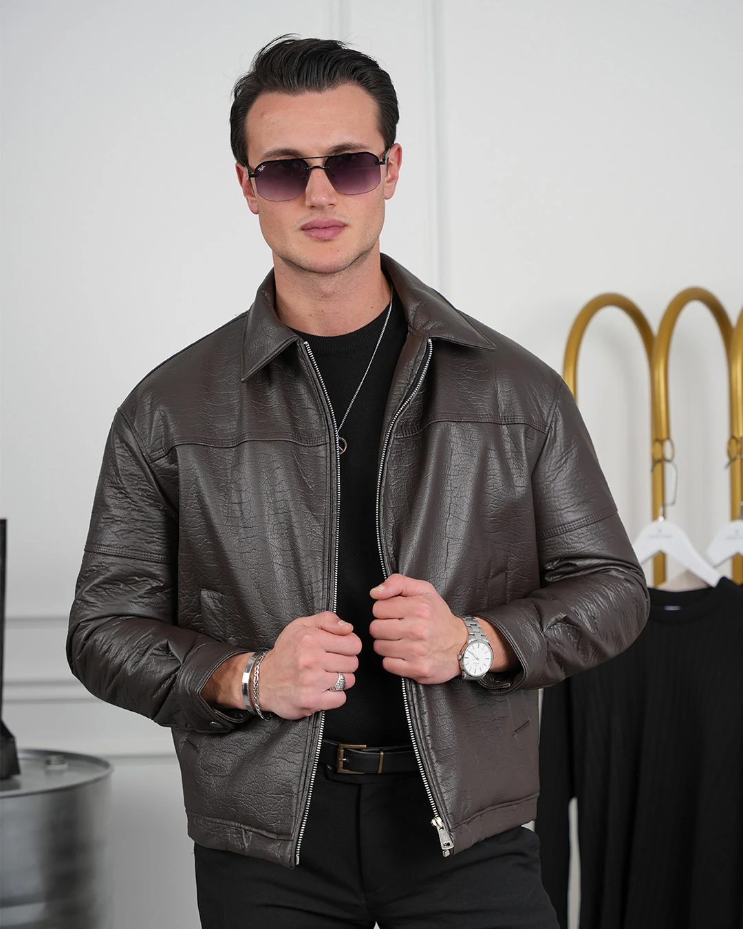 Orta Slim Fit İçi Elyaf İthal Deri Yan Cep Deri Mont