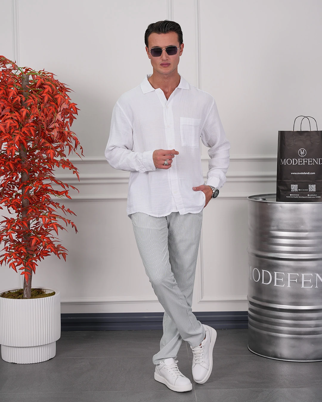 Tek Cep Detaylı Pamuk Dokulu Oversize Keten Gömlek