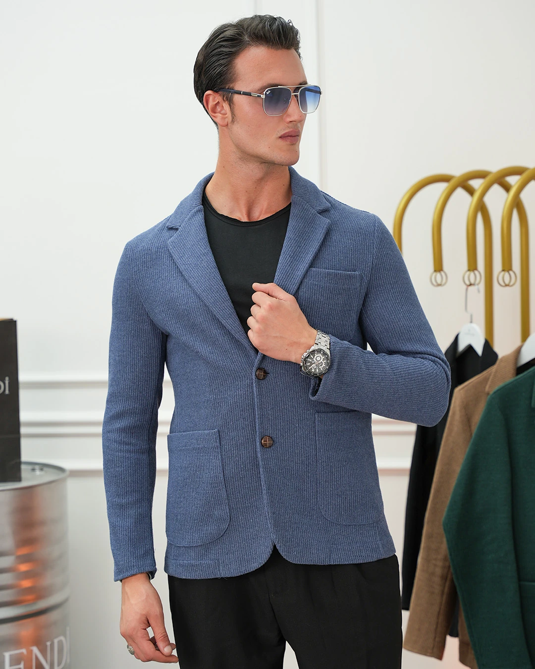 Petek Örme Torba Cep Ceket - indigo