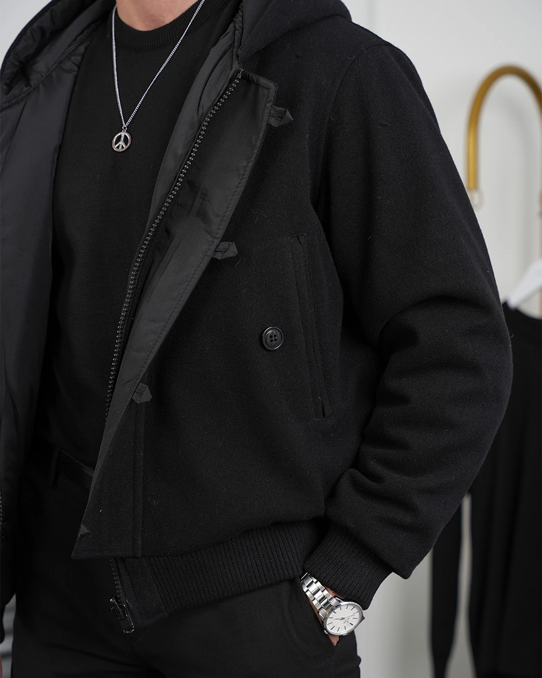 Çift Taraflı Kaşe Uzun Ribana Kapüşonlu Mont