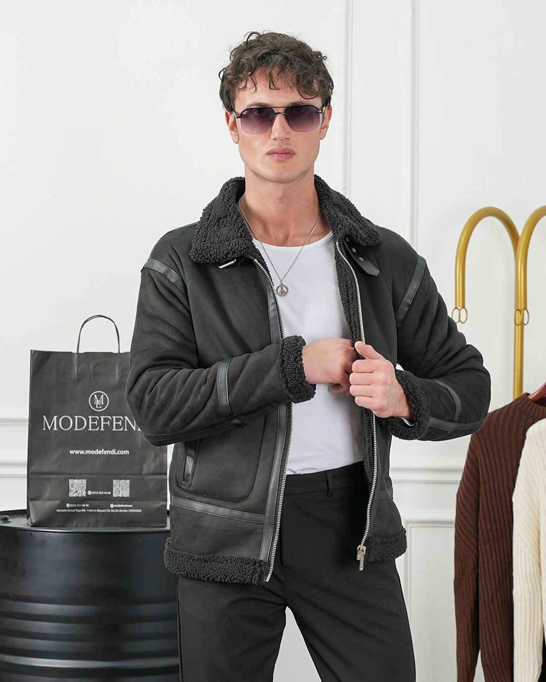 Full Kürk Detaylı Şerit Çizgili Nubuk Mont