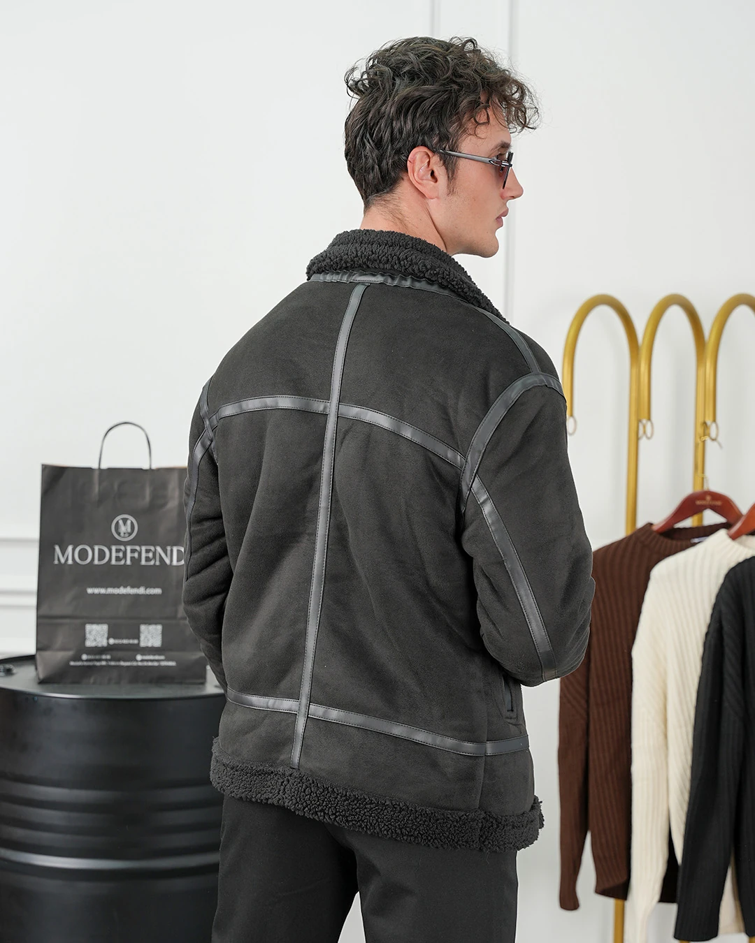 Full Kürk Detaylı Şerit Çizgili Nubuk Mont