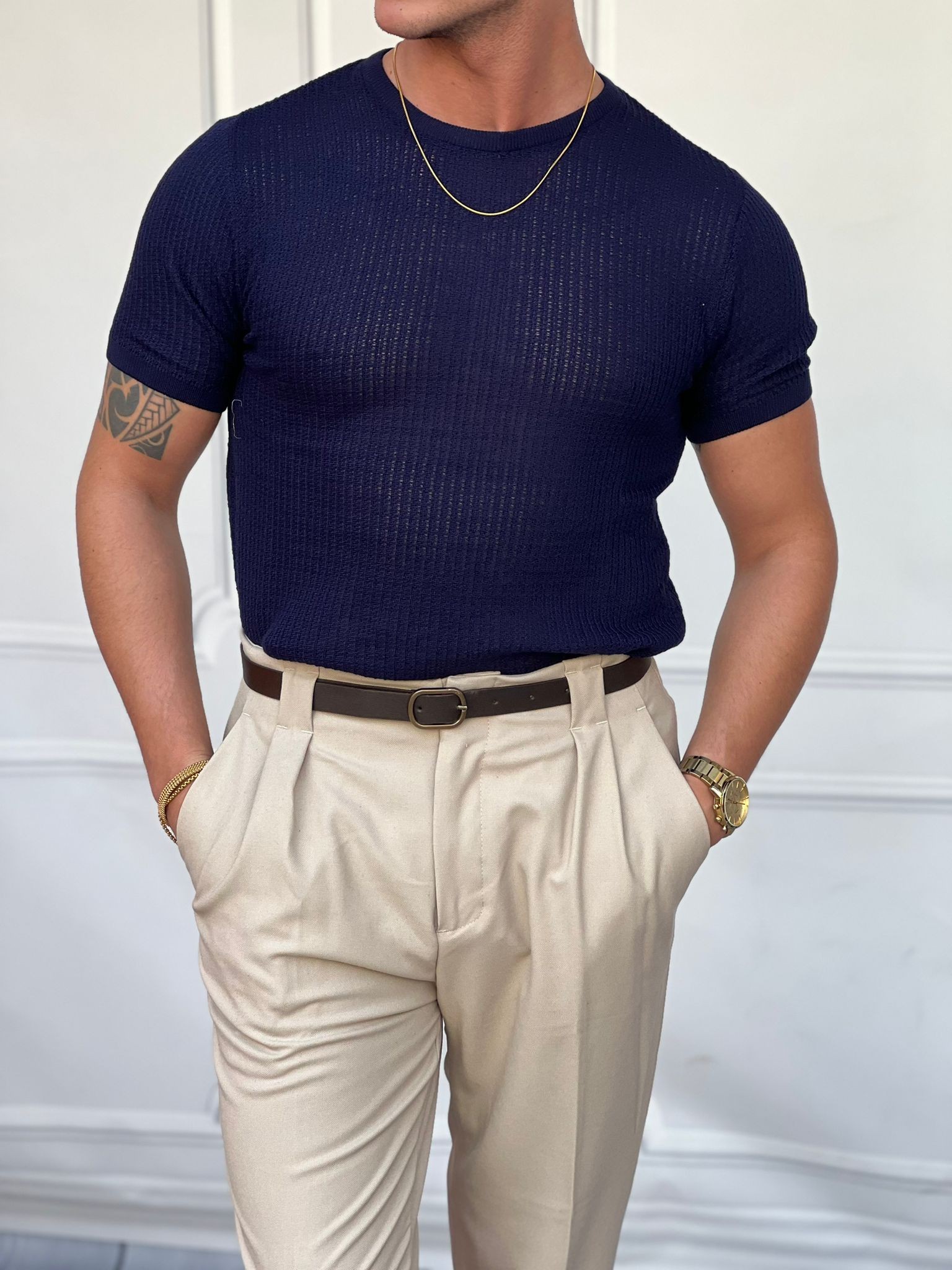 Yuvarlak Yaka Örme Detaylı Pamuk Yapılı Slim Fit Tshirt - Lacivert