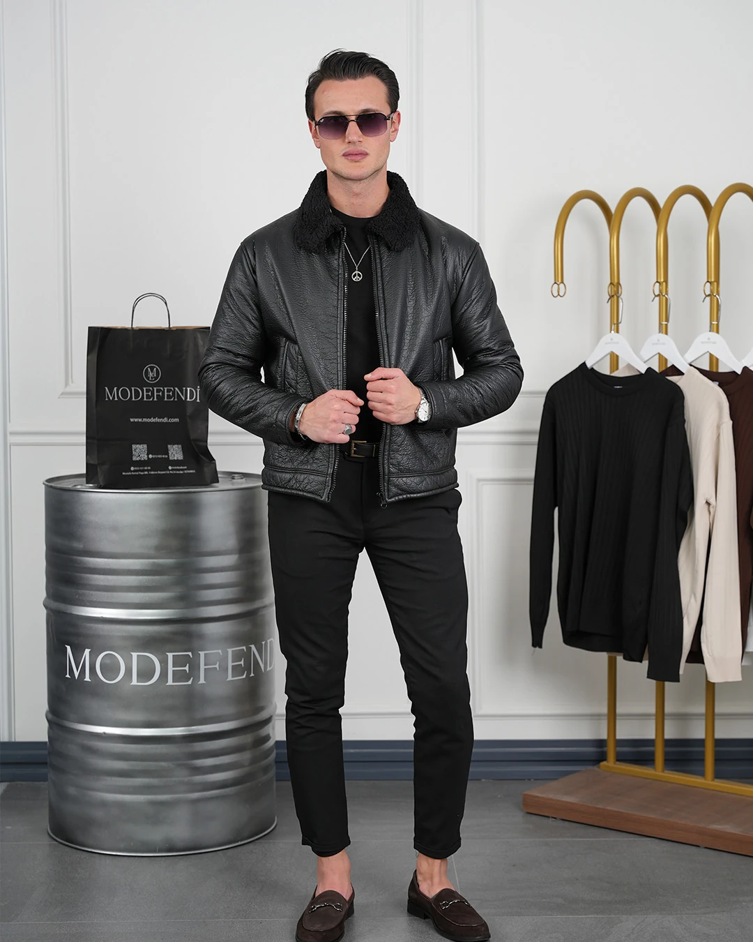 Orta Slim Fit İçi Elyaf Yaka Kürk Detaylı İthal Deri Yan Cep Deri Mont