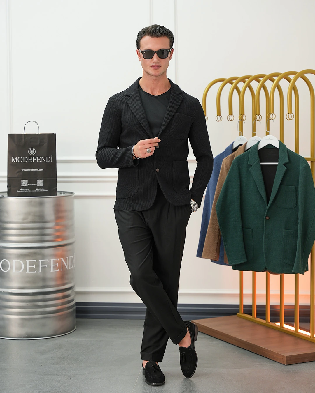 Petek Örme Torba Cep Ceket - Siyah