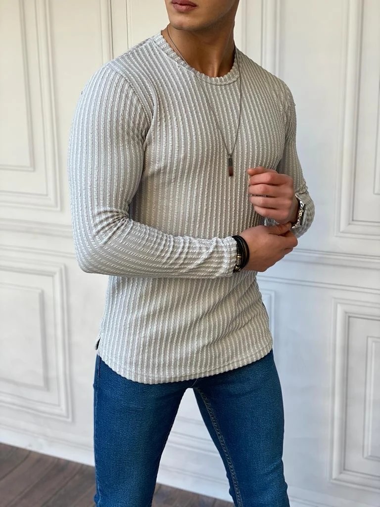 Armür Kumaş Pamuklu Çizgi Detaylı Sweatshırt - Gri