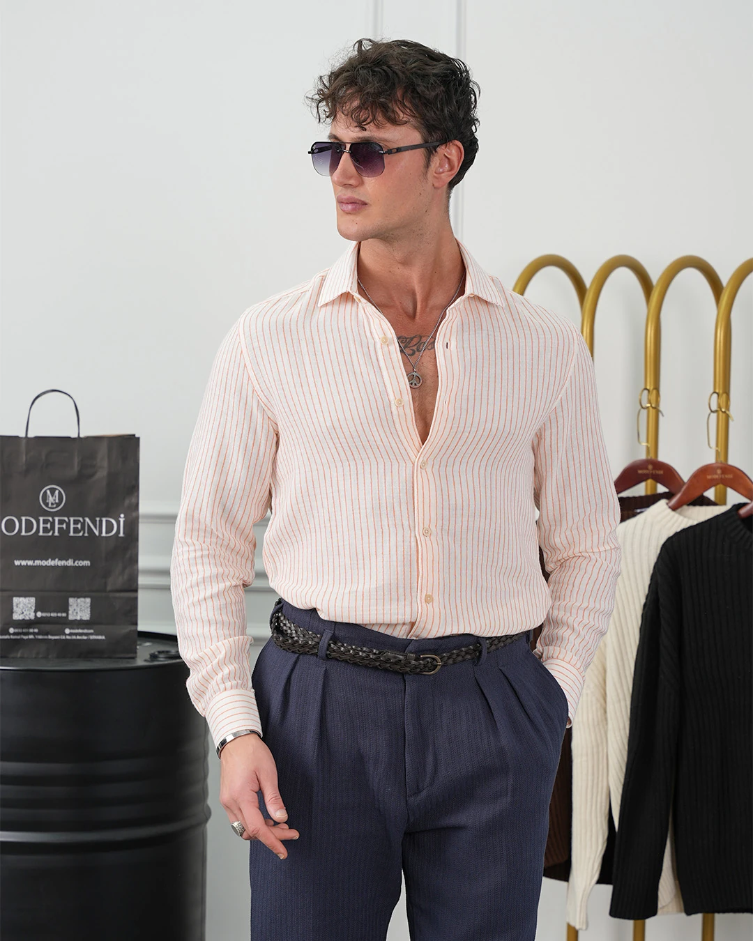 İnce Fitilli %100 İnce Pamuk Keten Regular Kalıp Gömlek