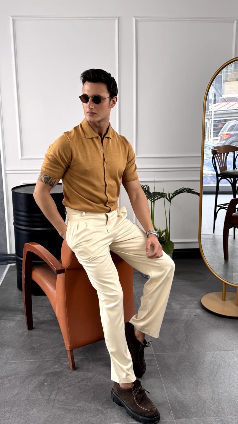 Slim Fit Polo Yaka Triko Pamuk Kısa Kollu Gömlek - Taba