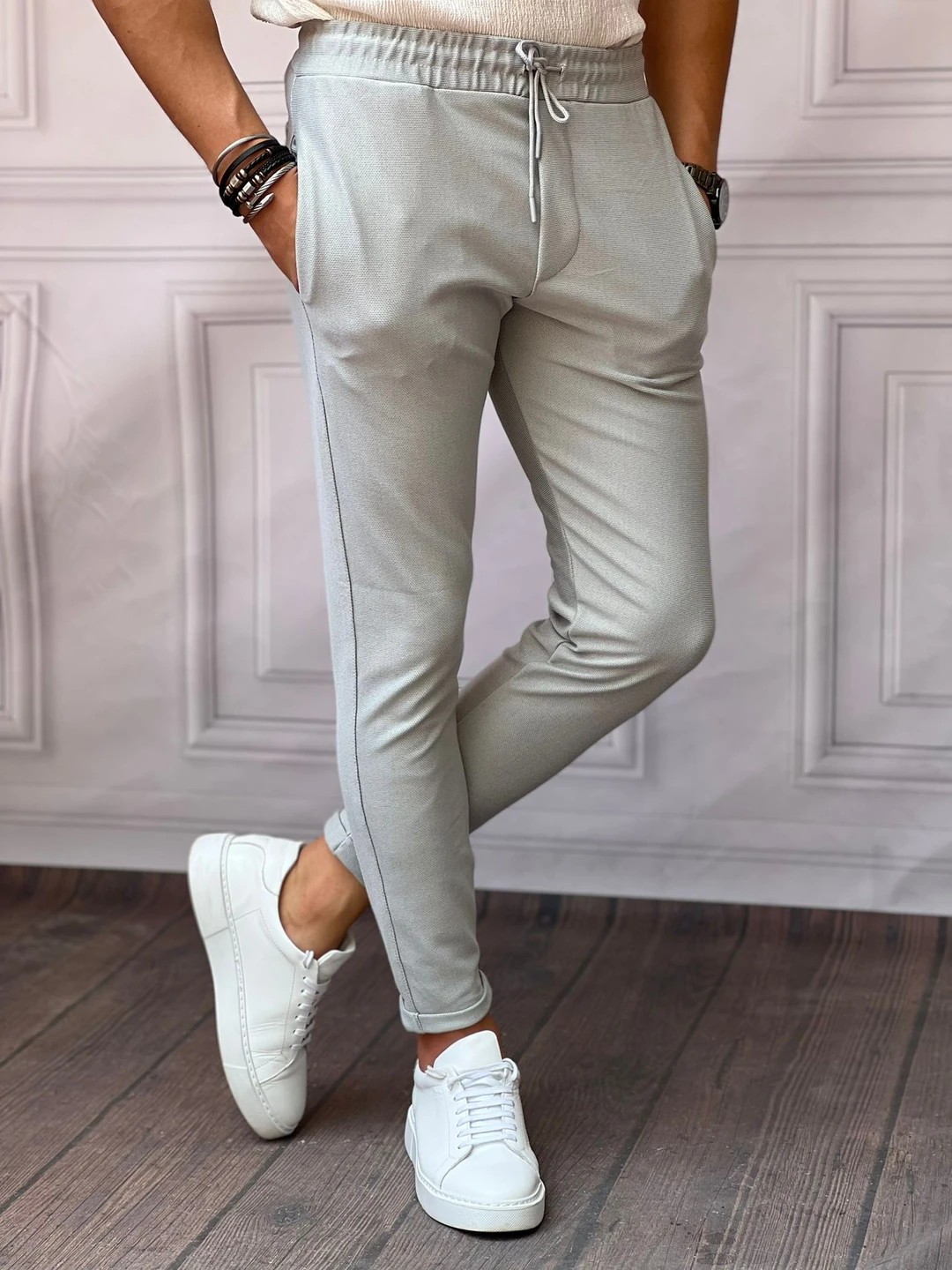 Skinny Kalıp Pamuk Likra Double Paça Jogger Pantolon - Gri