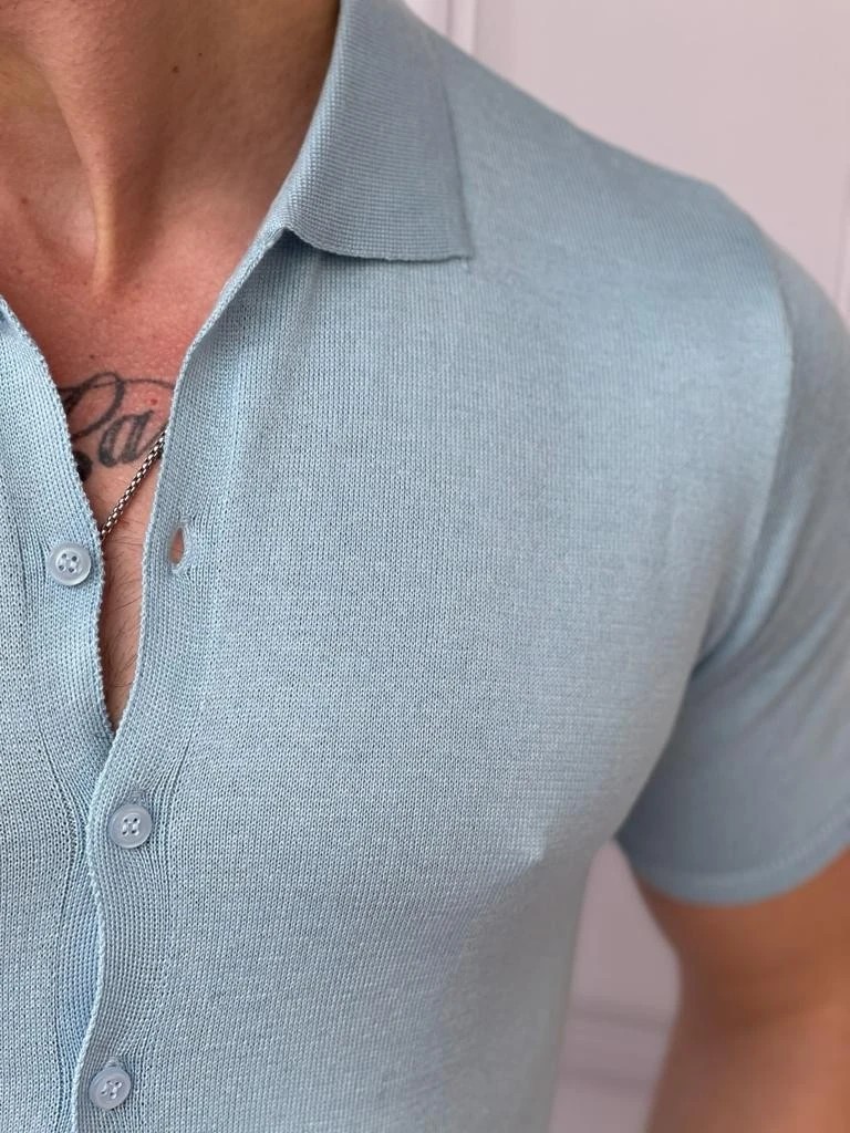 Slim Fit Polo Yaka Triko Pamuk Kısa Kollu Gömlek - Buz Mavisi