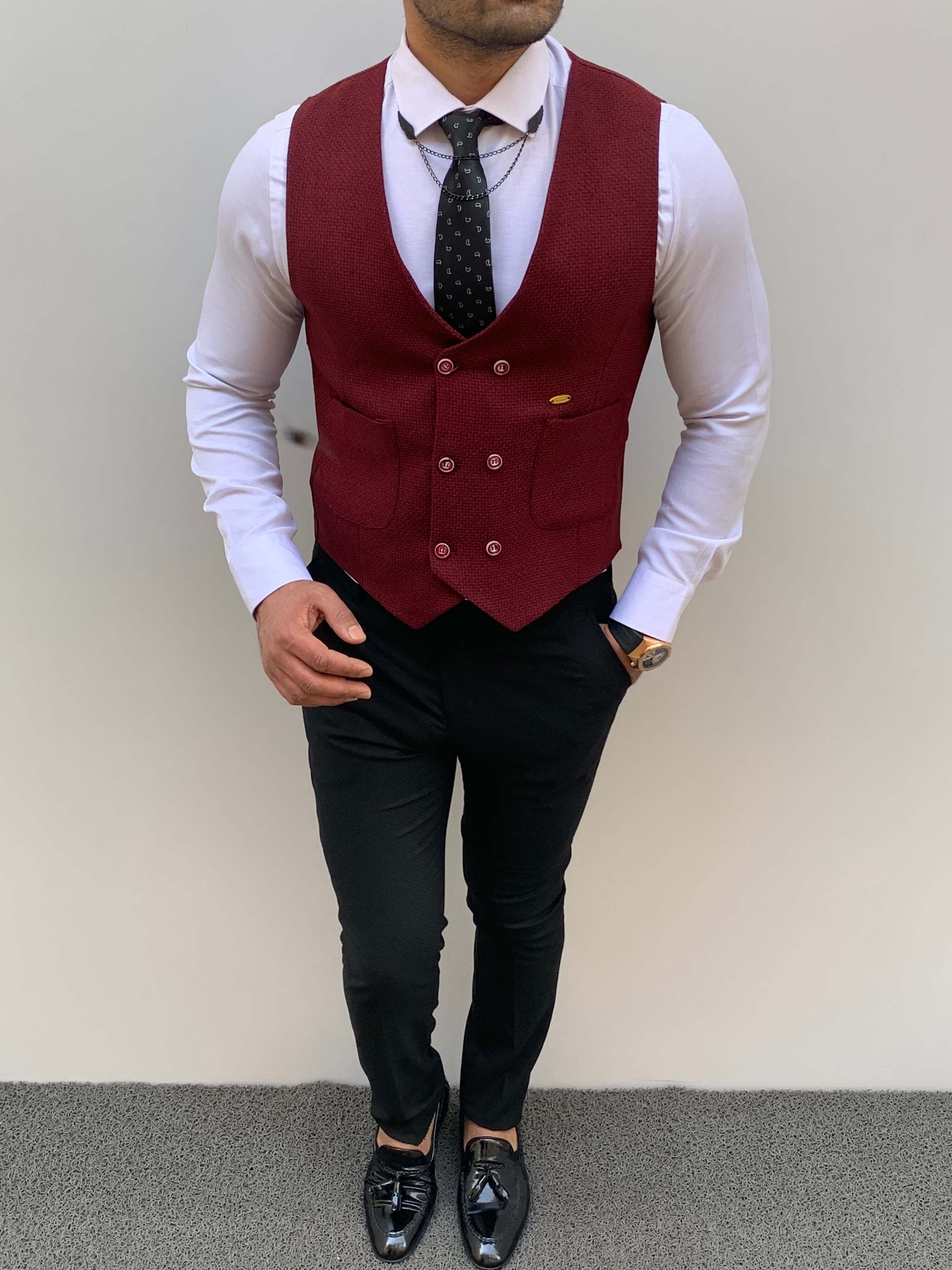 Slim Fit Petek Örme Spor Yelek - Bordo