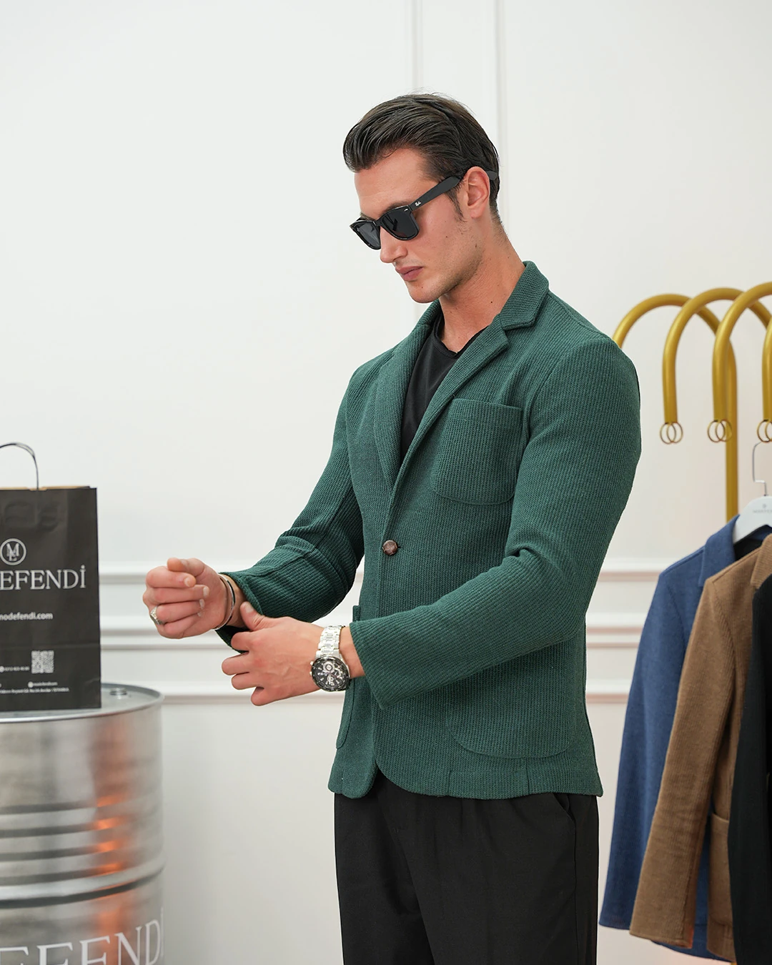 Petek Örme Torba Cep Ceket - Yeşil