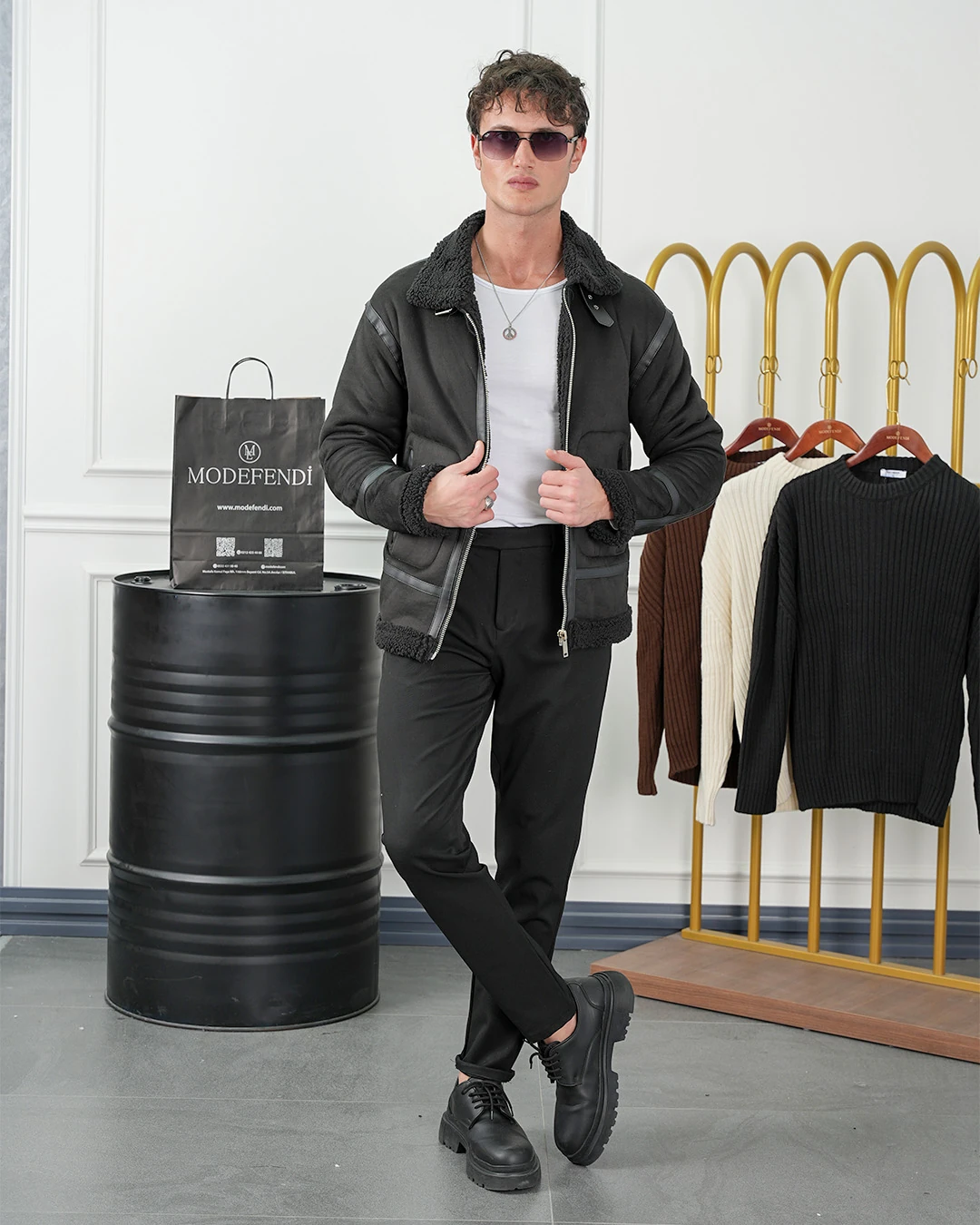 Full Kürk Detaylı Şerit Çizgili Nubuk Mont