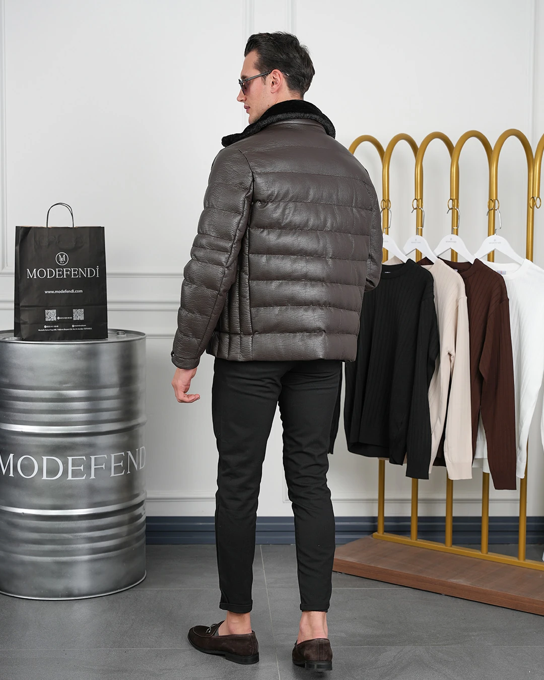 Orta Slim Fit Yaka Kürk Detaylı Yumuşak Dokulu Yatay Desen Deri Mont