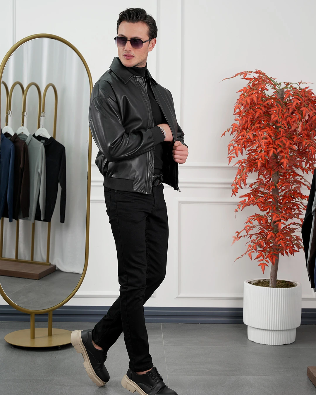 Yakası Çıkabilir Gömlek Yaka Oversize Deri Mont - Siyah