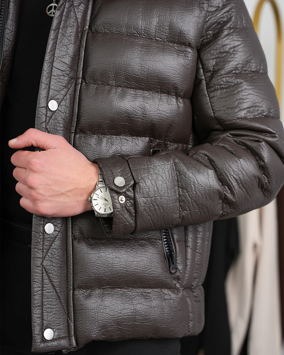 Orta Slim Fit Yaka Kürk Detaylı Yumuşak Dokulu Yatay Desen Deri Mont