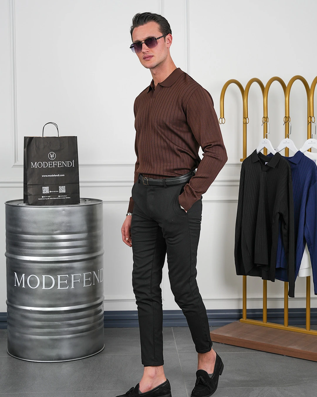 Pamuk Likra Slim Fit Kesik Yaka Dikey Çizgi Triko Kazak