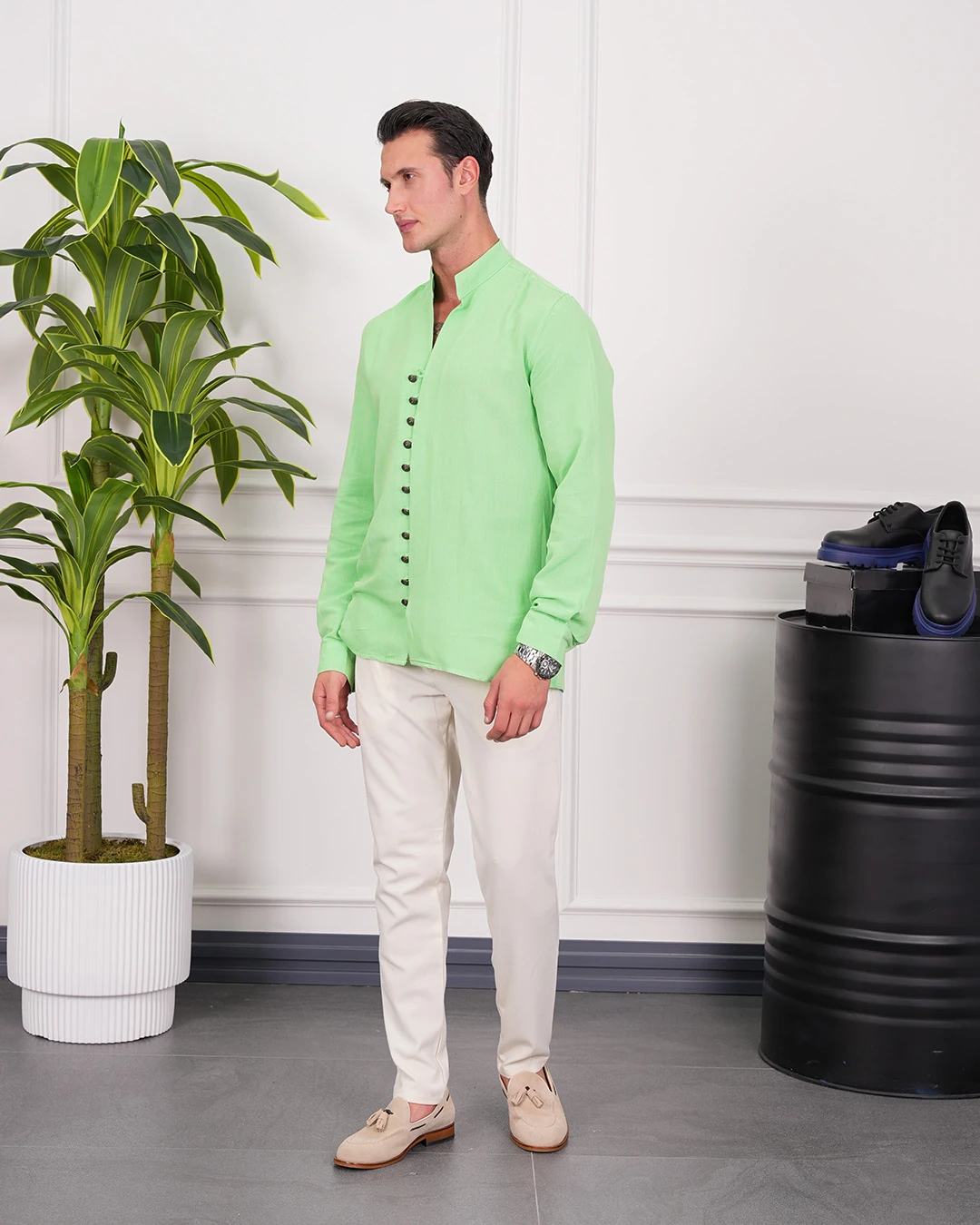 Ham Keten Metal Düğme Gömlek