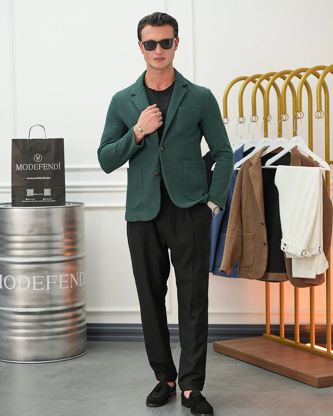 Petek Örme Torba Cep Ceket - Yeşil