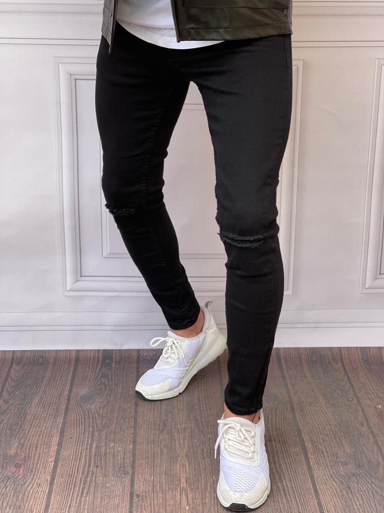 Skinyfit Yüksek Kalite Likralı Diz Yırtık (Astarlı) Detaylı Kot Pantolon - Siyah