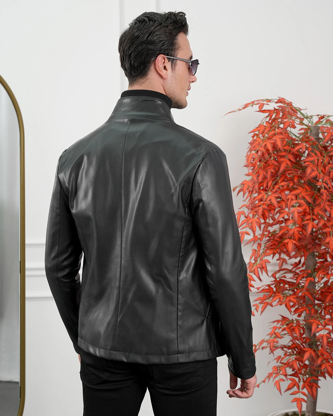 İthal Deri Hakim Yaka Yan Fermuar Yüksek Kalite Deri Mont - Siyah