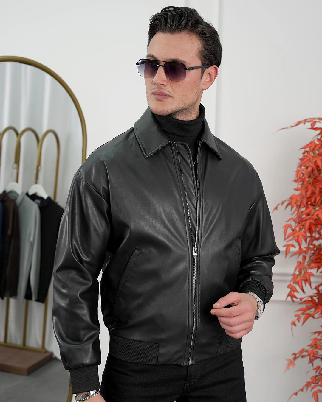 Yakası Çıkabilir Gömlek Yaka Oversize Deri Mont - Siyah