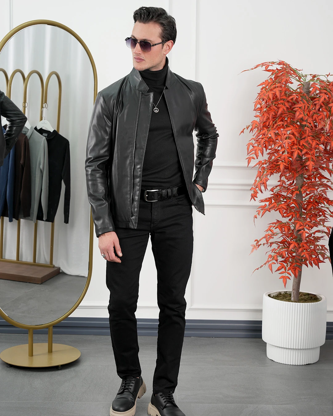 İthal Deri Hakim Yaka Yan Fermuar Yüksek Kalite Deri Mont - Siyah