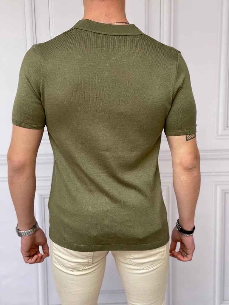 Slim Fit Polo Yaka Triko Pamuk Kısa Kollu Gömlek - Haki