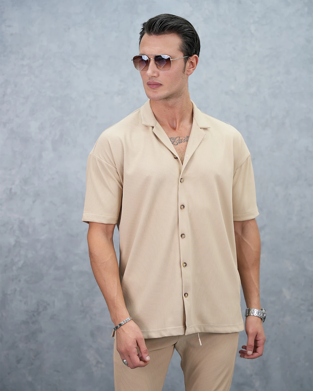 Fitil Desenli Oversize Kısa Kollu Gömlekli Takım