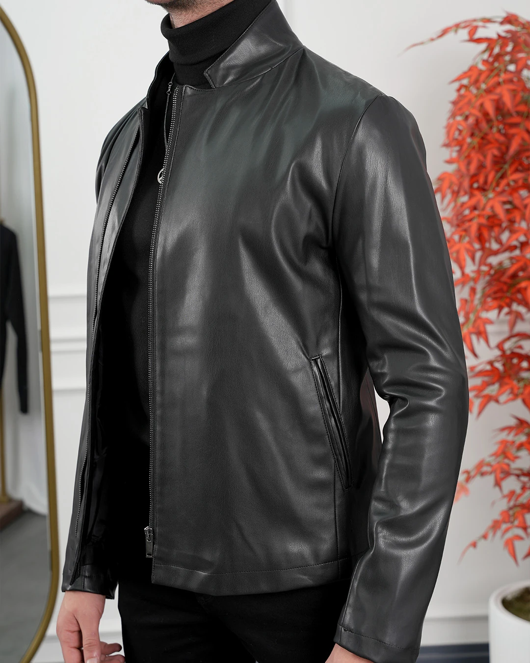 İthal Deri Hakim Yaka Yan Fermuar Yüksek Kalite Deri Mont - Siyah