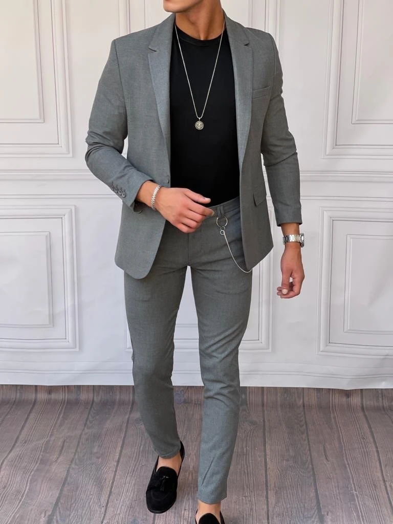 Slimfit Kalıp Pamuk Likra Ceket Pantolon Takım Elbise - Füme