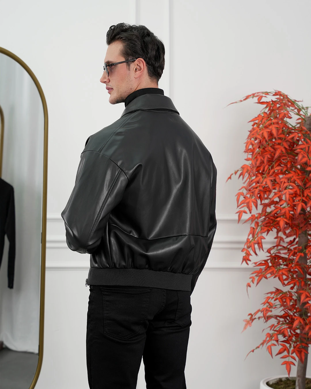 Yakası Çıkabilir Gömlek Yaka Oversize Deri Mont - Siyah