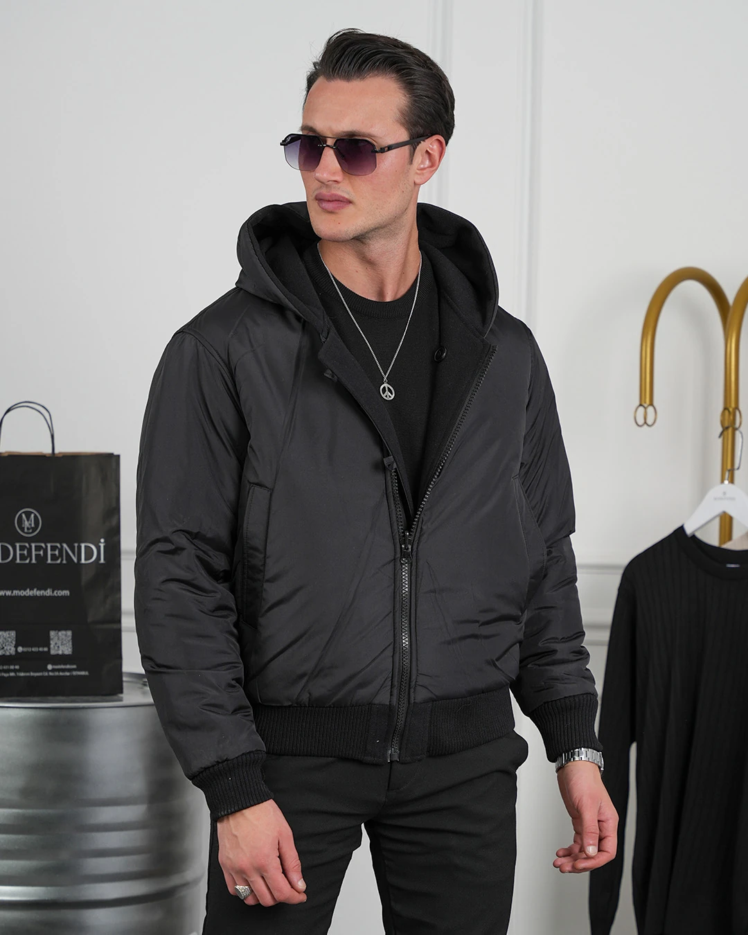 Çift Taraflı Kaşe Uzun Ribana Kapüşonlu Mont