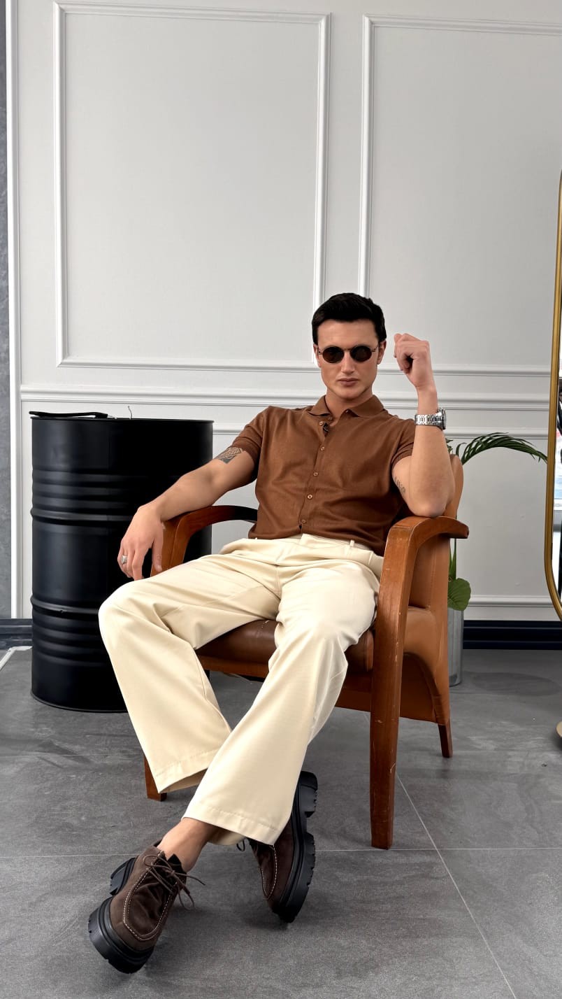 Slim Fit Polo Yaka Triko Pamuk Kısa Kollu Gömlek - Kahverengi