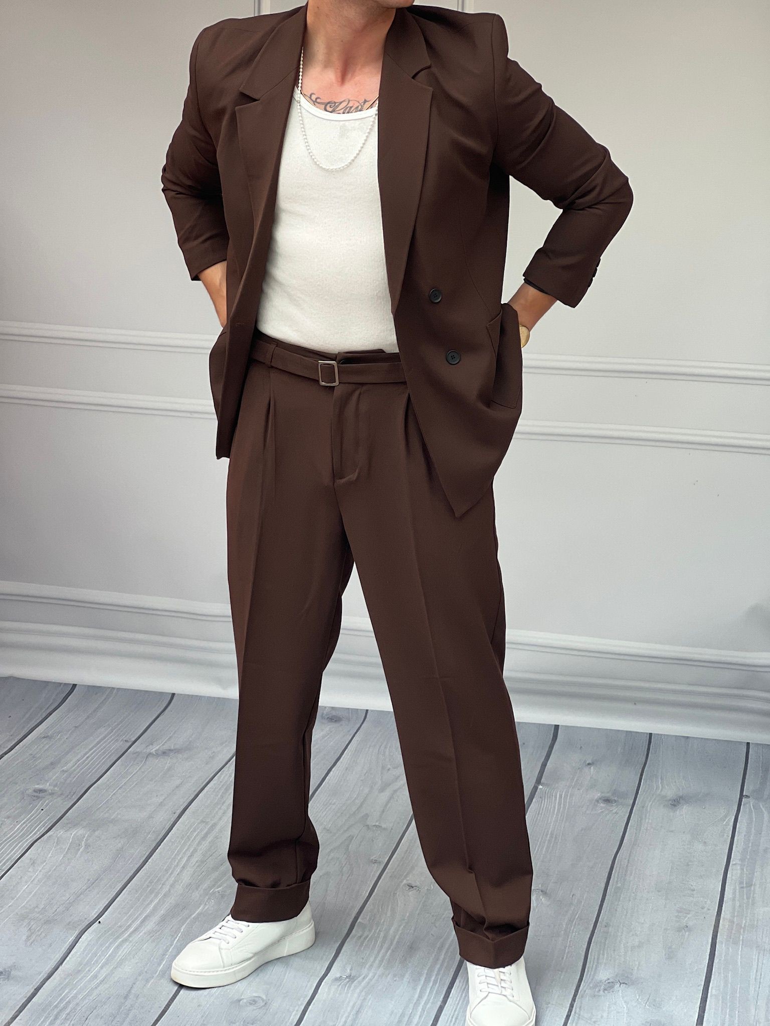 Geniş Kalıp Kruvaze Ceket Baggy Pantolon Takım Elbise - Kahverengi