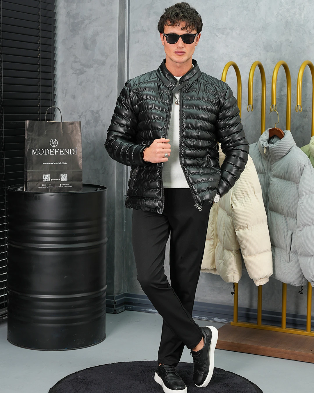 Şişme Deri Slimfit Kesim Deri Mont - Siyah