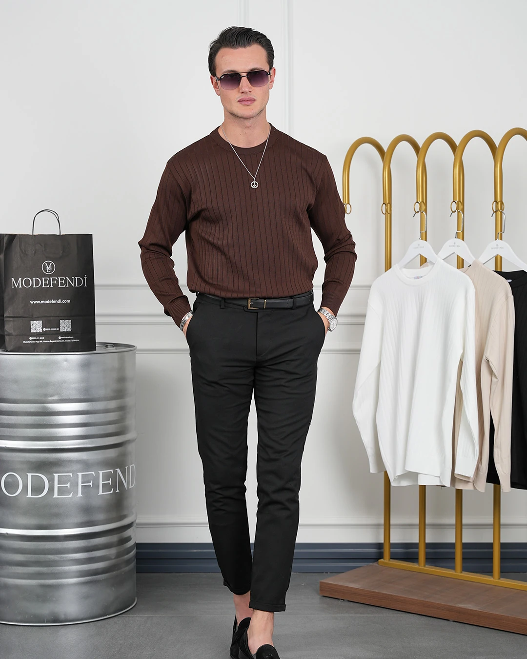 Pamuk Likra Slim Fit Bisiklet Yaka Dikey Çizgi Triko Kazak