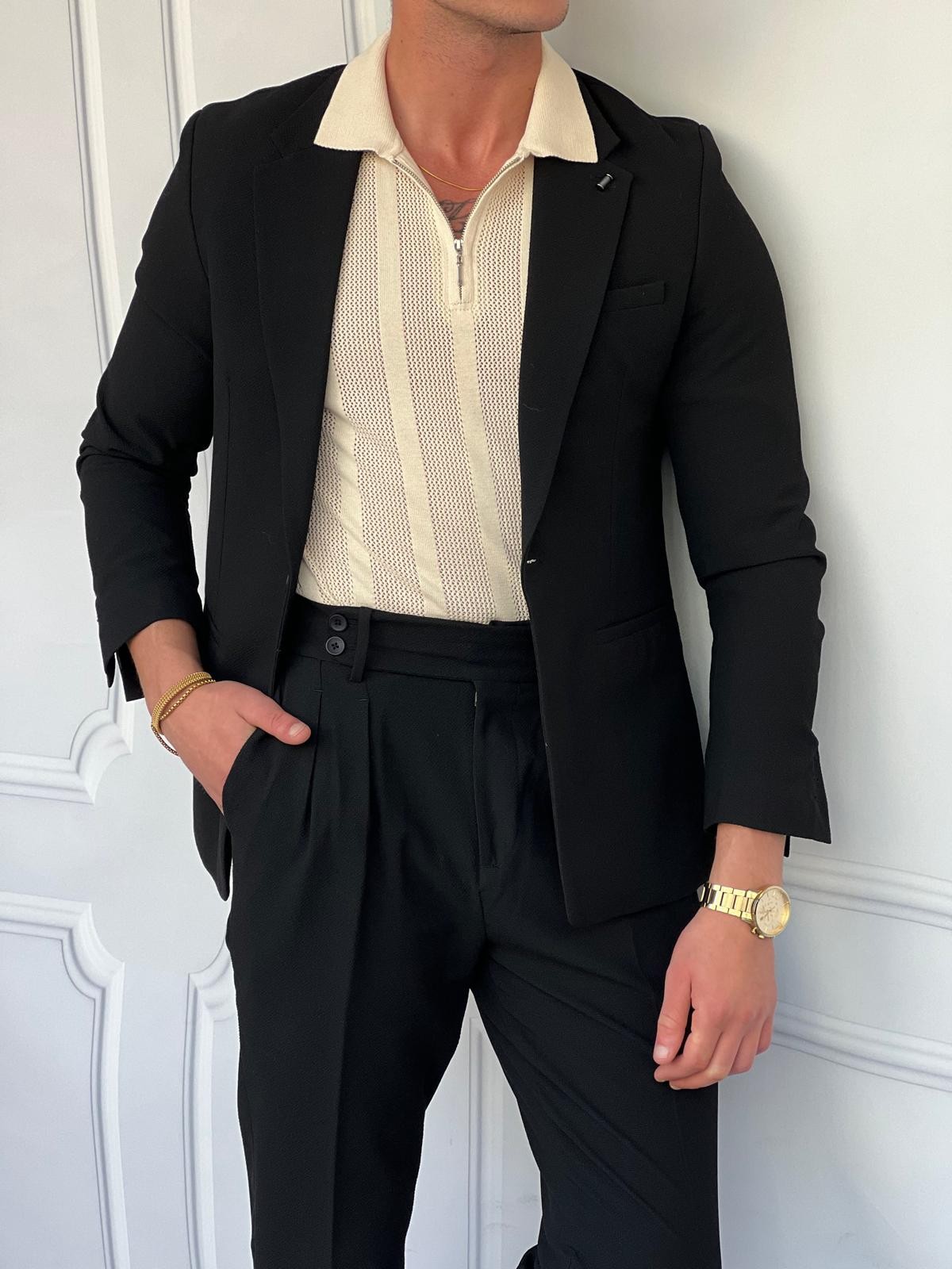 Özel Seri %100 Gofre Kumaş İtalyan Kesim Pileli Modern Fit Takım Elbise - Siyah