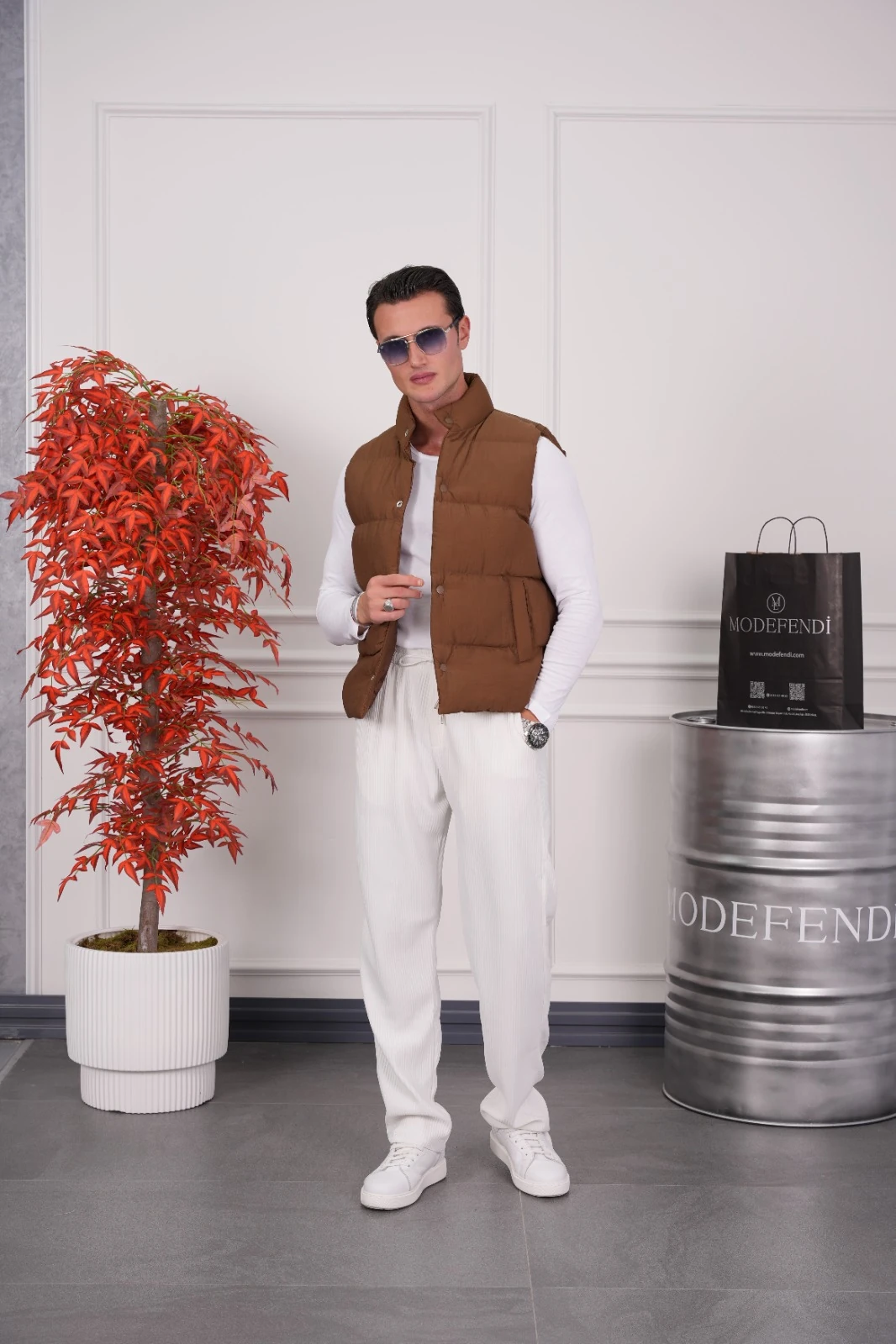 Boncuk Elyaf Şişme Yelek - Kahverengi