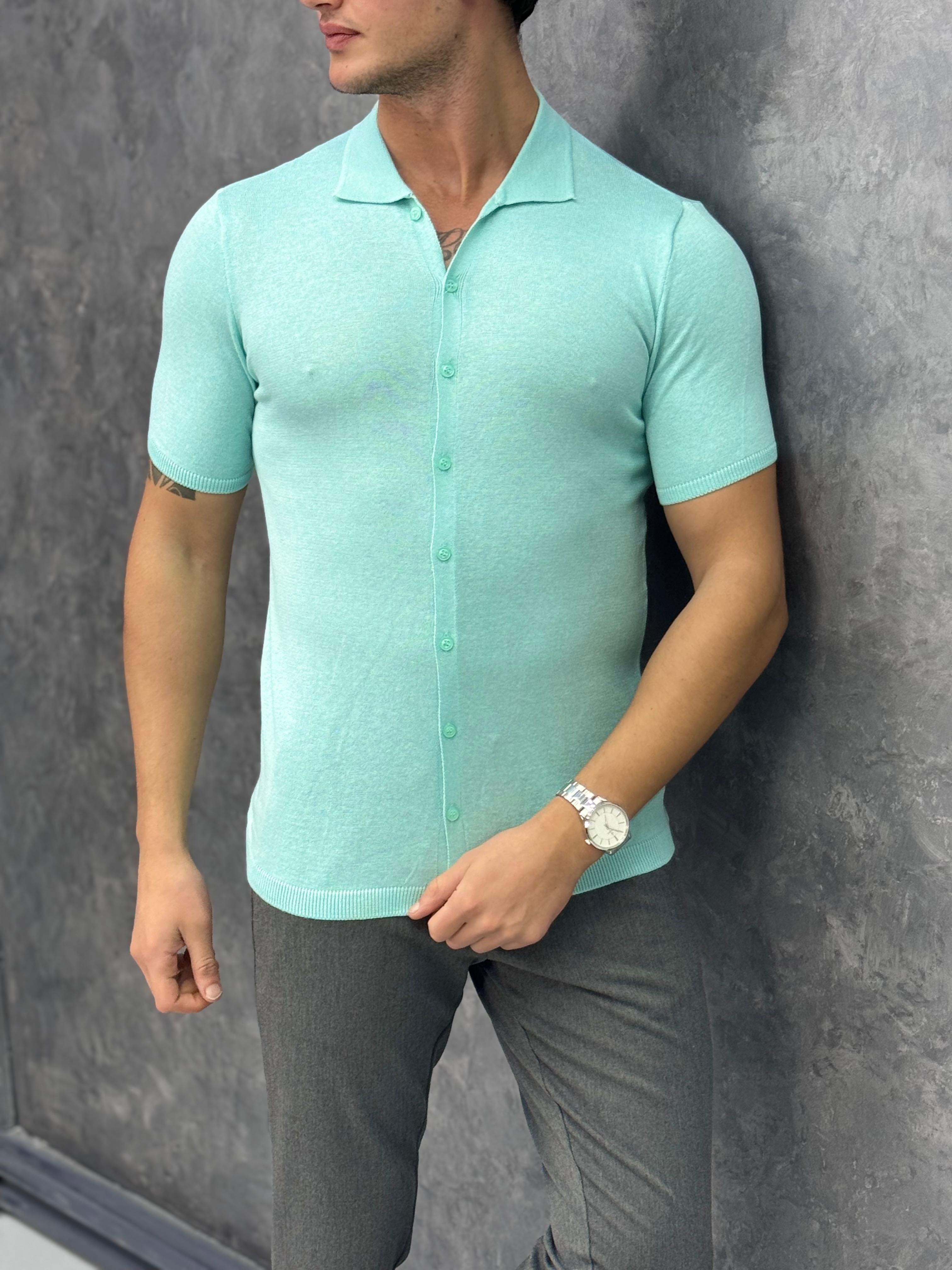 Slim Fit Polo Yaka Triko Pamuk Kısa Kollu Gömlek - Turkuaz