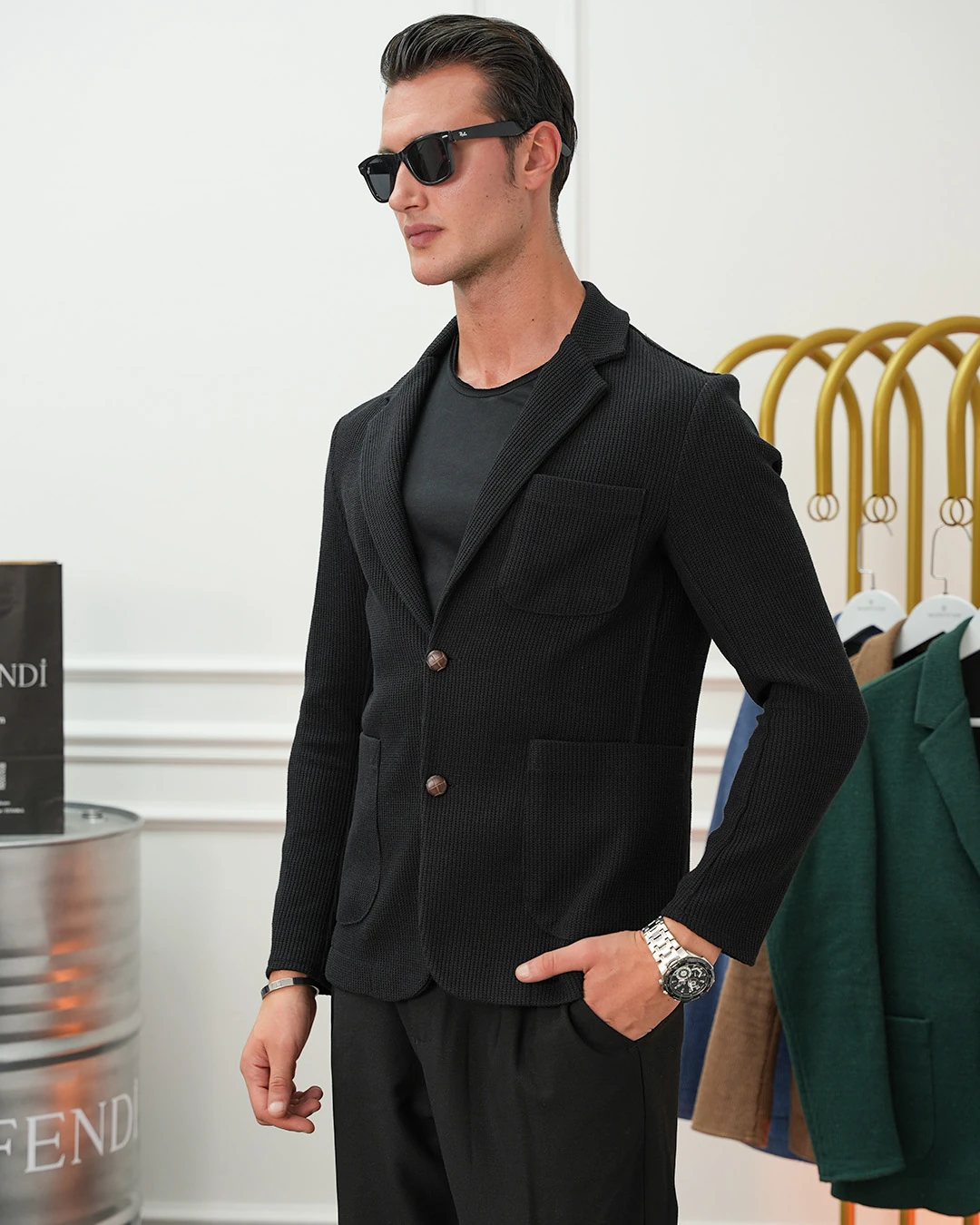 Petek Örme Torba Cep Ceket - Siyah