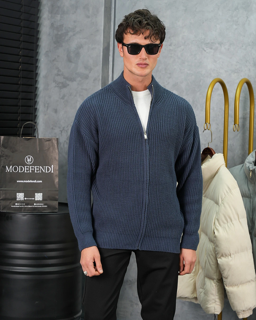 Yüksek Kalite Örgü Desen Fermuarlı Triko Hırka