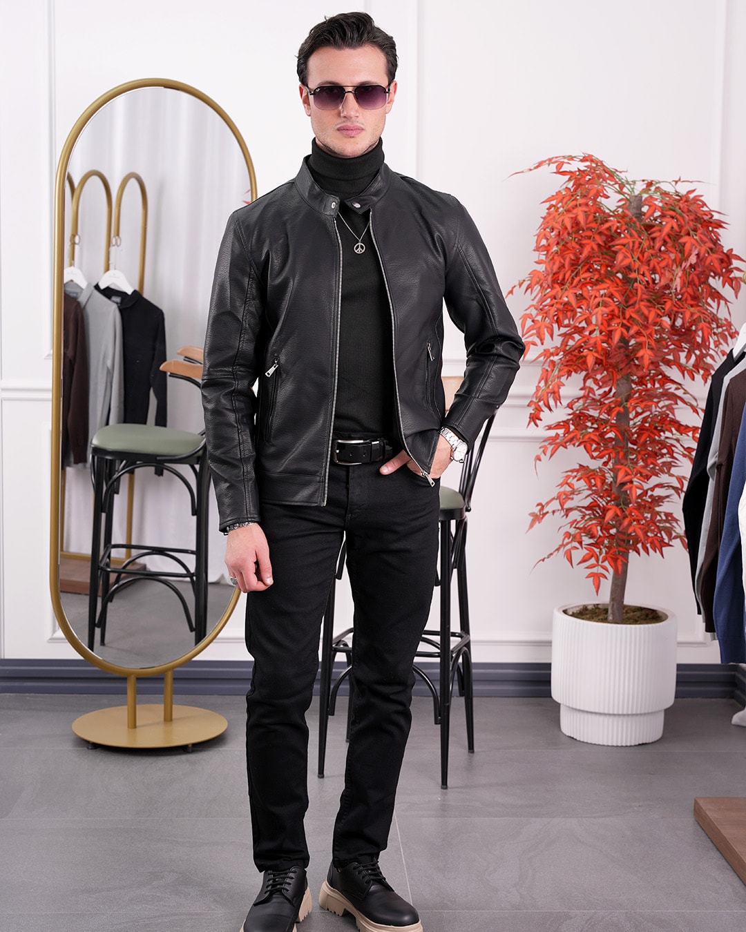 Slim fit Kalıp Hakim Yaka Çıtçıt Detaylı Sade Deri Mont