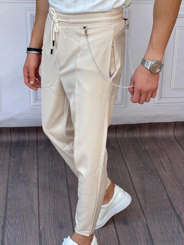 Zincir ve Paça Fermuar Detaylı Pamuklu Jogger Pantolon - Krem