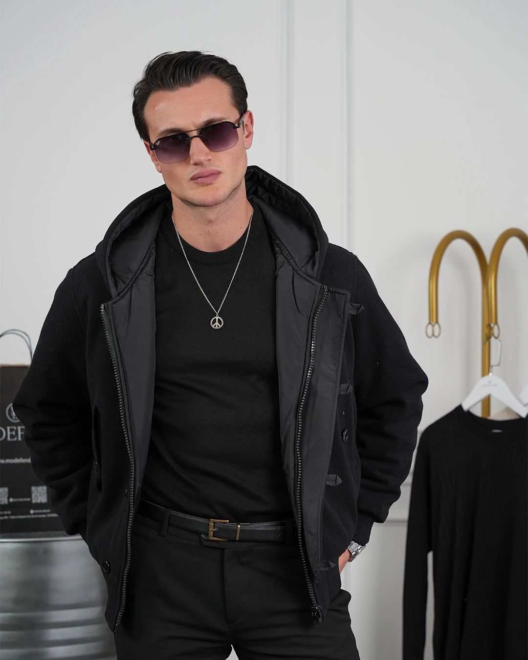 Çift Taraflı Kaşe Uzun Ribana Kapüşonlu Mont