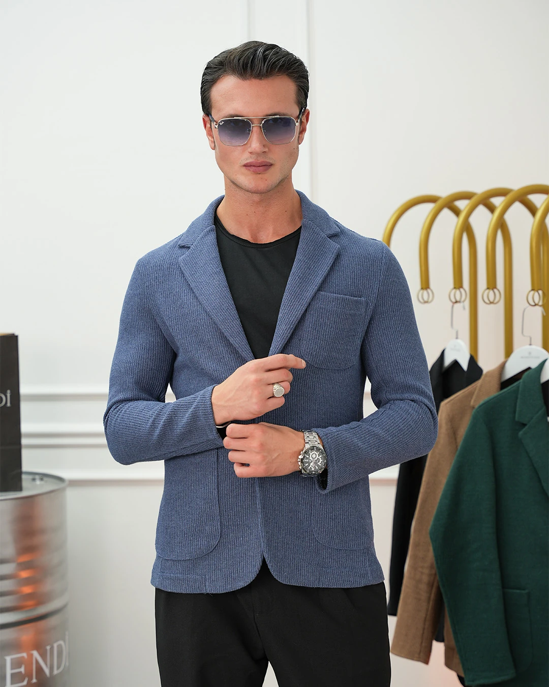 Petek Örme Torba Cep Ceket - indigo